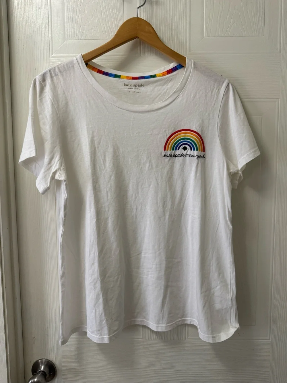kate spade white tee with rainbow trim